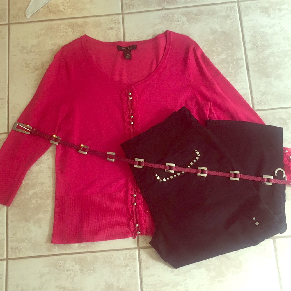White House Black Market sweater, belt, crop pants